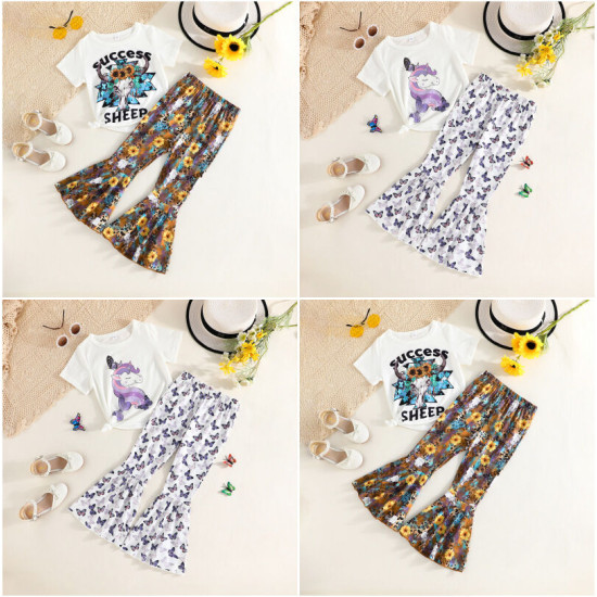 3-7Y Toddler Girls Sets Animal Print Tops & Sunflower Flared Pants  Girls Clothes  