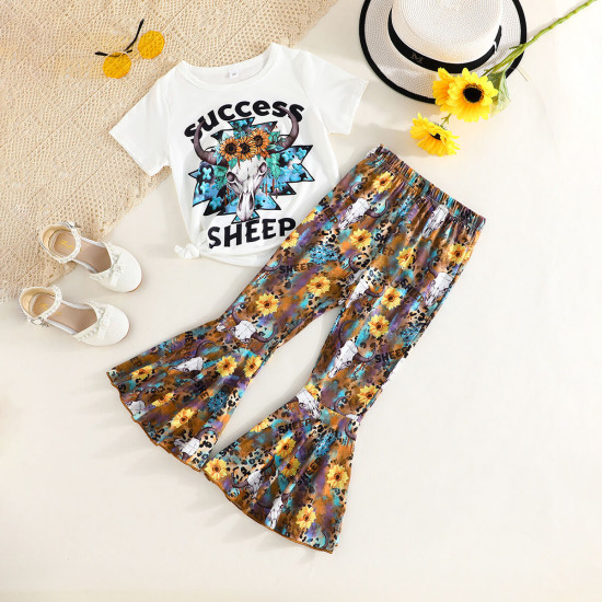 3-7Y Toddler Girls Sets Animal Print Tops & Sunflower Flared Pants  Girls Clothes  