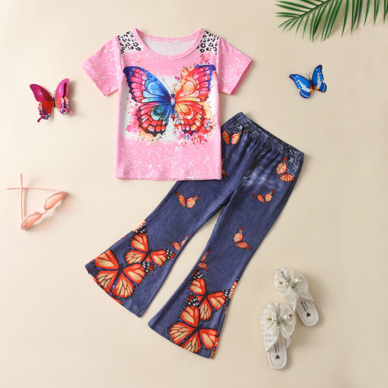 18M-6Y Toddler Girls Sets Butterfly Print T-Shirt Faux Denim Flared Pants  Girls Clothes  