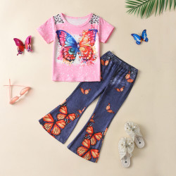 18M-6Y Toddler Girls Sets Butterfly Print T-Shirt Faux Denim Flared Pants  Girls Clothes  