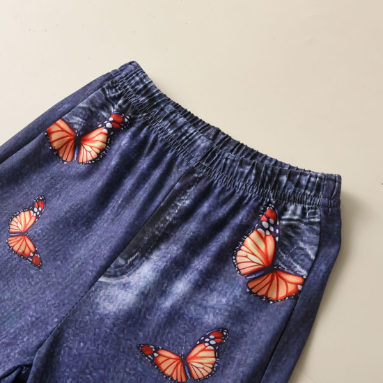 18M-6Y Toddler Girls Sets Butterfly Print T-Shirt Faux Denim Flared Pants  Girls Clothes  