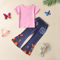 18M-6Y Toddler Girls Sets Butterfly Print T-Shirt Faux Denim Flared Pants  Girls Clothes  