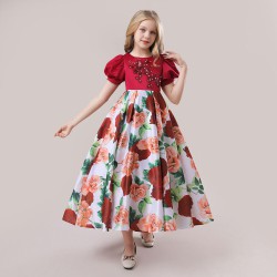 4-10Y Kids Girls Party Puff Sleeve Flower Princess Dresses  Clothing Kidswear  