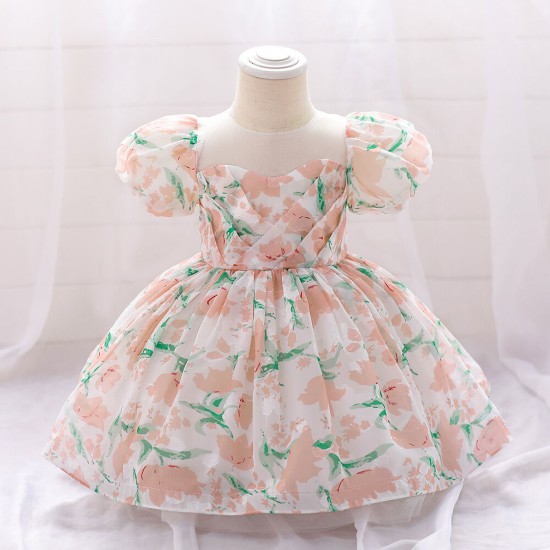 12M-3Y Toddler Girls Floral Puff Sleeve Mesh Princess Dresses  Girls Clothes  