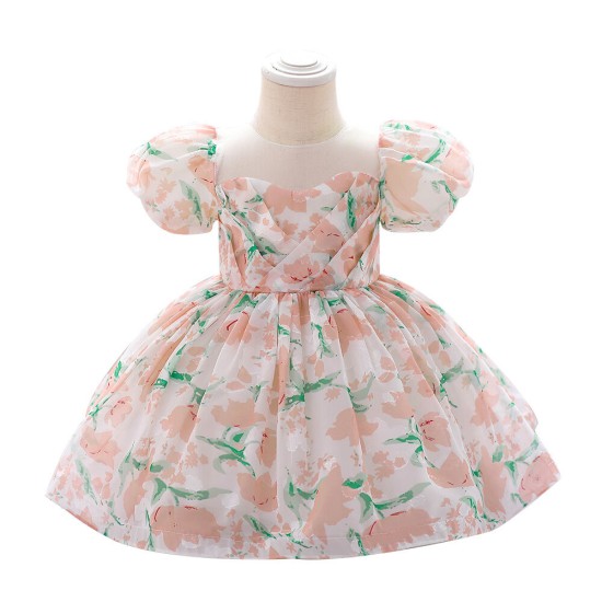 12M-3Y Toddler Girls Floral Puff Sleeve Mesh Princess Dresses  Girls Clothes  