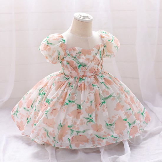 12M-3Y Toddler Girls Floral Puff Sleeve Mesh Princess Dresses  Girls Clothes  