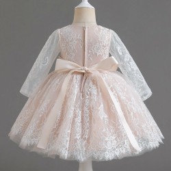 2-5Y Toddler Girls Long Sleeve Embroidered Lace Princess Dress With Bow  Girls Clothes  
