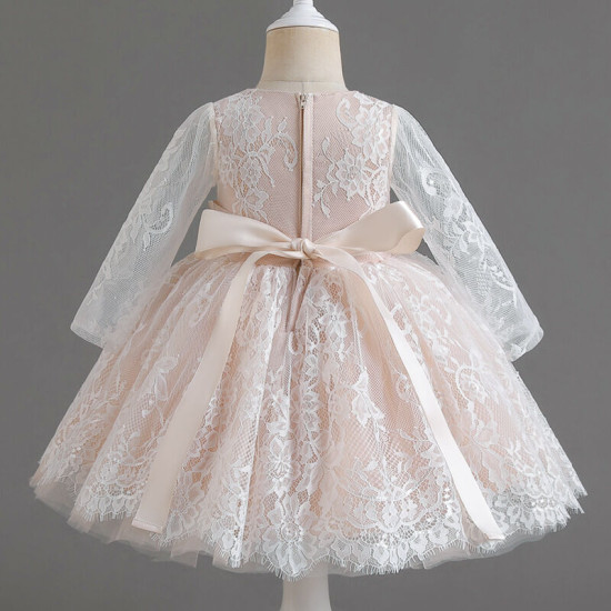2-5Y Toddler Girls Long Sleeve Embroidered Lace Princess Dress With Bow  Girls Clothes  