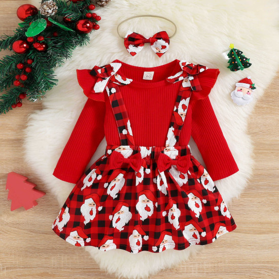 9M-5Y Christmas Toddler Girls Sets Santa Plaid Print Bow Suspender Skirt Tops  Baby Clothing  