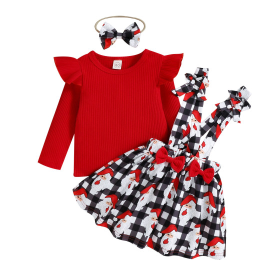 9M-5Y Christmas Toddler Girls Sets Santa Plaid Print Bow Suspender Skirt Tops  Baby Clothing  