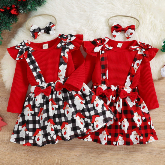 9M-5Y Christmas Toddler Girls Sets Santa Plaid Print Bow Suspender Skirt Tops  Baby Clothing  