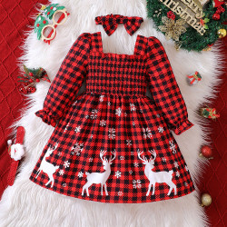 18M-6Y Toddler Girls Christmas Plaid Elk Dress Square Collar  Girls Fashion Clothes  