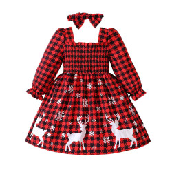 18M-6Y Toddler Girls Christmas Plaid Elk Dress Square Collar  Girls Fashion Clothes  