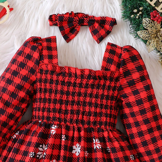 18M-6Y Toddler Girls Christmas Plaid Elk Dress Square Collar  Girls Fashion Clothes  