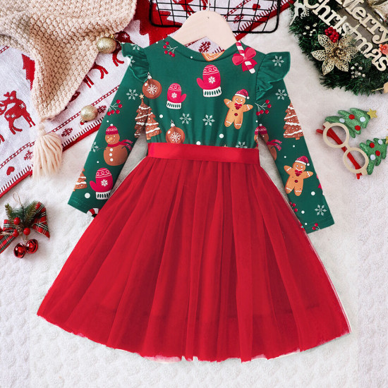 18M-6Y Toddler Girls Christmas Mesh Long Sleeve Dress  Girls Fashion Clothes  