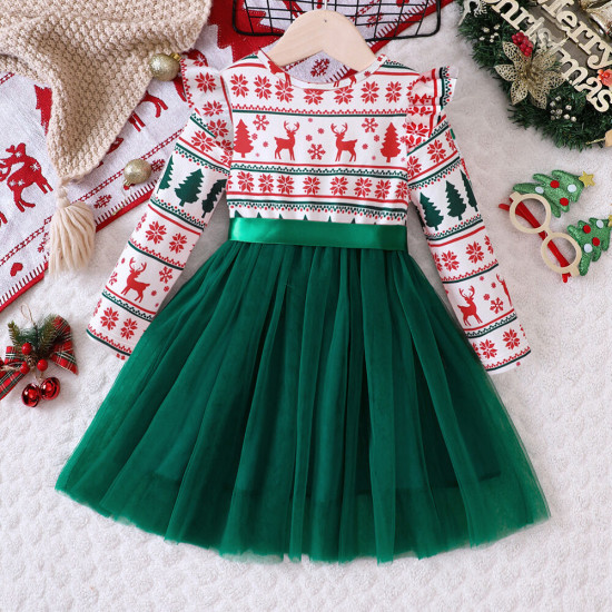 18M-6Y Toddler Girls Christmas Mesh Long Sleeve Dress  Girls Fashion Clothes  