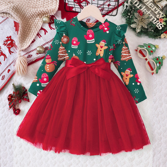 18M-6Y Toddler Girls Christmas Mesh Long Sleeve Dress  Girls Fashion Clothes  