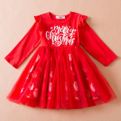 9M-4Y Toddler Girls Christmas Letter Long Sleeve Mesh Dresses  Girls Clothes  