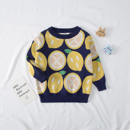 Kid Round Neck Strawberry & Lemon Print Knit Sweater  