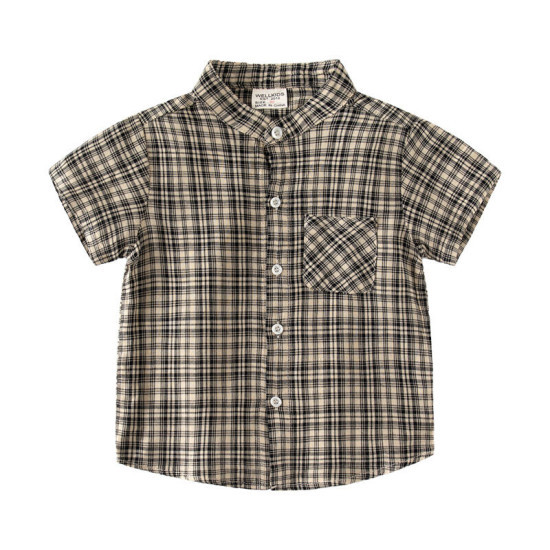 18M-6Y Toddler Boys Stand Collar Plaid Short Sleeve Shirts  Boys Clothing  