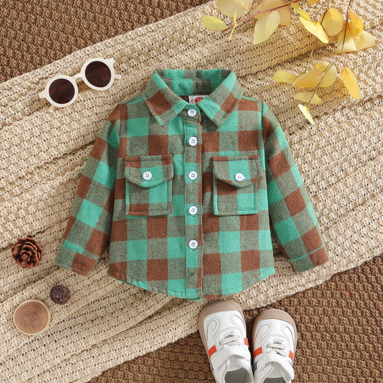 3M-5Y Toddler Boys Green Plaid Long Sleeve Cardigan Shirts  Boys Clothes  