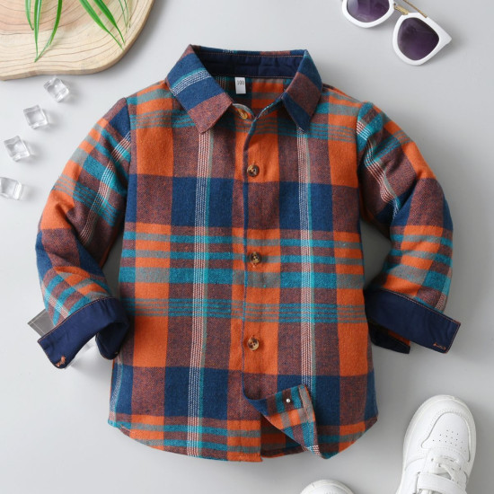 12M-6Y Toddler Boys Orange Plaid Long-Sleeved Shirts  Boys Clothing  