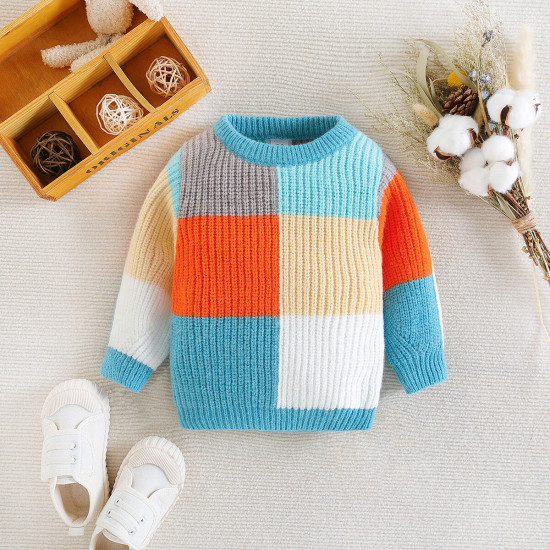 9M-5Y Toddler Boys Winter Color Matching Plaid Pullover Knitted Sweater  Boys Clothing  
