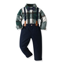 18M-5Y Toddler Boys Suit Sets Long Sleeve Plaid Brushed Shirt & Suspender Pants  Boys Clothing  
