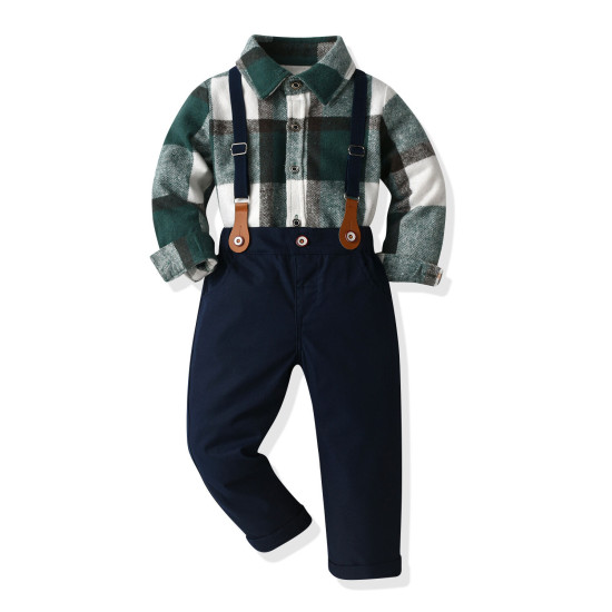 18M-5Y Toddler Boys Suit Sets Long Sleeve Plaid Brushed Shirt & Suspender Pants  Boys Clothing  
