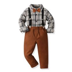 18M-7Y Toddler Boys Suit Sets Long Sleeve Plaid Brushed Shirt & Suspender Pants  Boys Clothing  