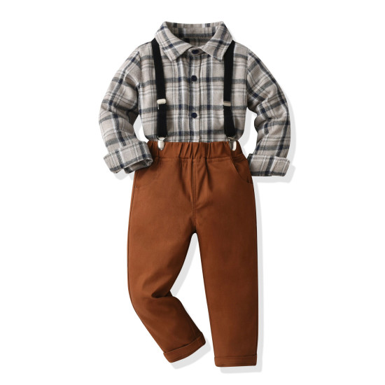 18M-7Y Toddler Boys Suit Sets Long Sleeve Plaid Brushed Shirt & Suspender Pants  Boys Clothing  