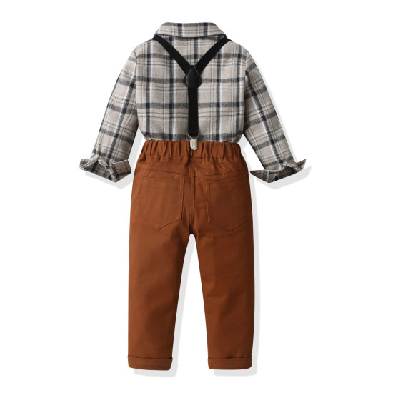 18M-7Y Toddler Boys Suit Sets Long Sleeve Plaid Brushed Shirt & Suspender Pants  Boys Clothing  