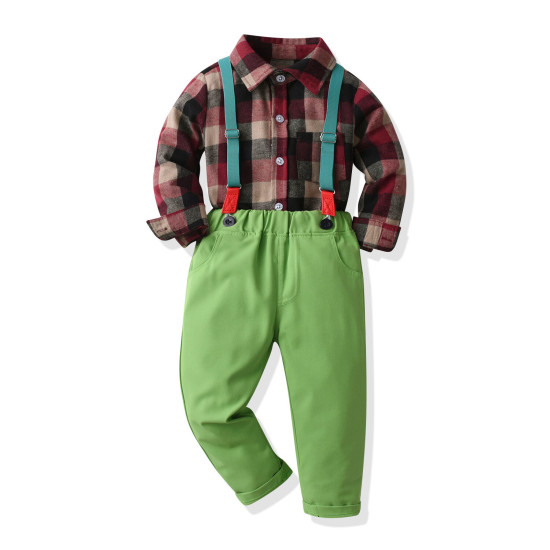18M-6Y Toddler Boys Green Suspender Pants Suit Long Sleeve Plaid Shirt  Boys Clothing  