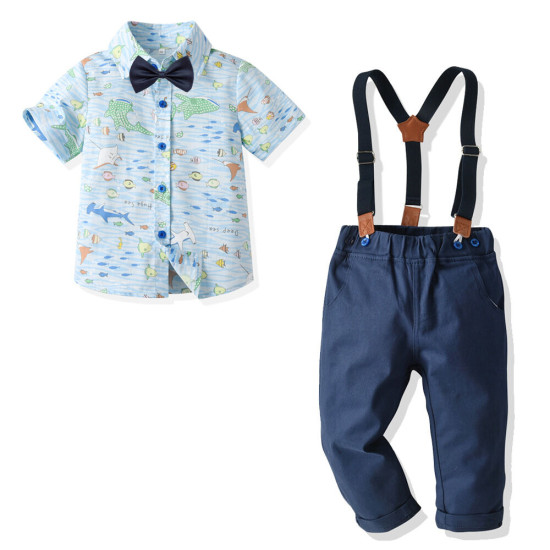 18M-7Y Toddler Boys Shark Print Shirt & Suspender Trousers Gentleman Suit  Boys Clothing  