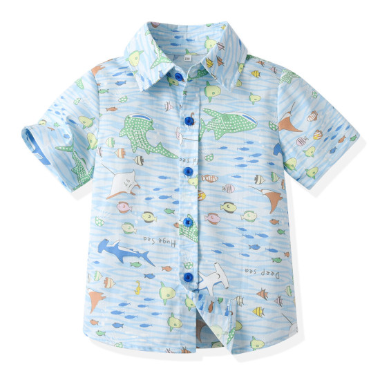 18M-7Y Toddler Boys Shark Print Shirt & Suspender Trousers Gentleman Suit  Boys Clothing  