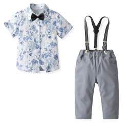 12M-6Y Toddler Boys Floral Print Shirt & Suspender Trousers Gentleman Suit  Boys Clothing  