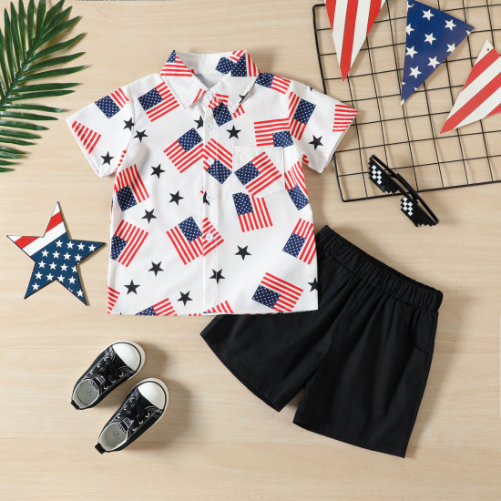 18M-6Y Toddler Boys Independence Day Print Short Sleeve Shirt & Shorts  Boys Clothes  