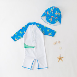 2-7Y Colorblock One Piece Swimsuit Dinosaur Print Hat  Toddler Boy Clothes  