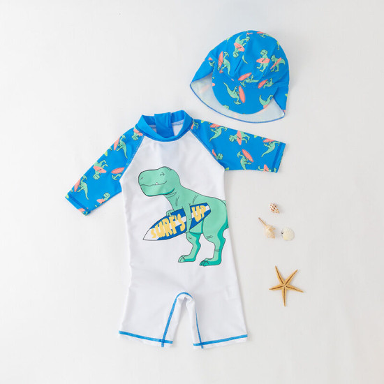 2-7Y Colorblock One Piece Swimsuit Dinosaur Print Hat  Toddler Boy Clothes  