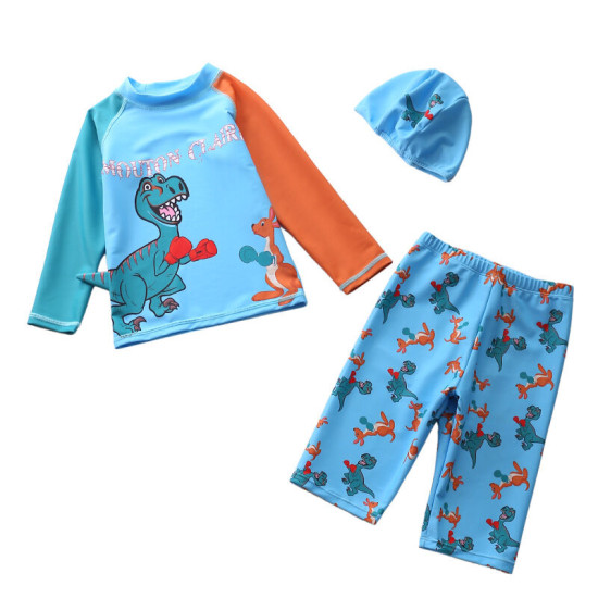 3-12Y Kid Boys Split Swimsuit Sets Cartoon Print Long Sleeve Tops And Striped Pants & Hats Fashionable Boys Clothes  