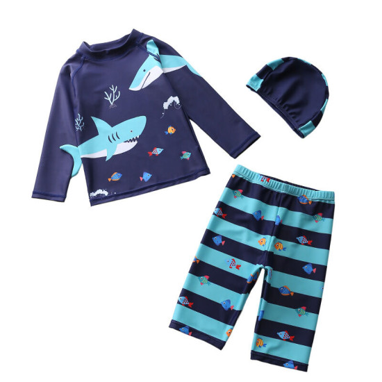 3-12Y Kid Boys Split Swimsuit Sets Cartoon Print Long Sleeve Tops And Striped Pants & Hats Fashionable Boys Clothes  