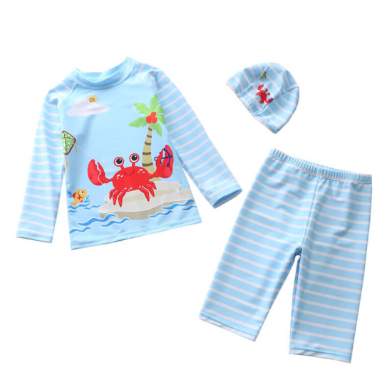 3-12Y Kid Boys Split Swimsuit Sets Cartoon Print Long Sleeve Tops And Striped Pants & Hats Fashionable Boys Clothes  