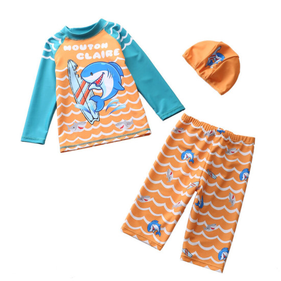 3-12Y Kid Boys Split Swimsuit Sets Cartoon Print Long Sleeve Tops And Striped Pants & Hats Fashionable Boys Clothes  