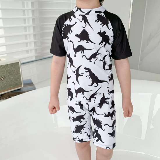 18M-7Y Toddler Boy Cartoon Dinosaur Print Color Blocking Short-Sleeved One-Piece Swimsuit  Boys Clothing  