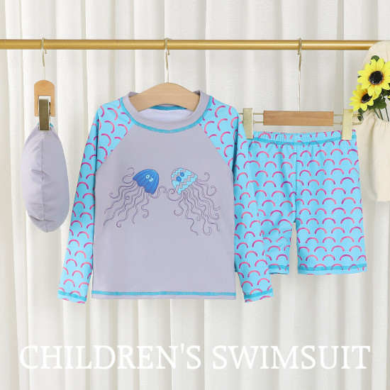 18M-7Y Toddler Boy Swimwear & Beachwear Sets Cartoon Jellyfish Print Fish Scale Pattern Long Sleeve Top And Shorts  Clothing For Boys  