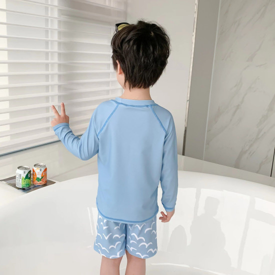 18M-7Y Toddler Boy Swimwear & Beachwear Sets Long-Sleeved Line Top And Wave-Printed Shorts  Clothing For Boys  