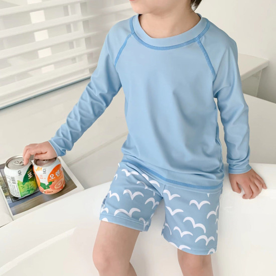18M-7Y Toddler Boy Swimwear & Beachwear Sets Long-Sleeved Line Top And Wave-Printed Shorts  Clothing For Boys  
