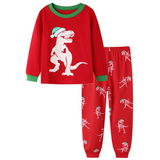 18M-6Y Unisex Autumn Christmas Cartoon Dinosaur Snowman Cotton Long Sleeve Pajamas Sets  Toddler Clothing  