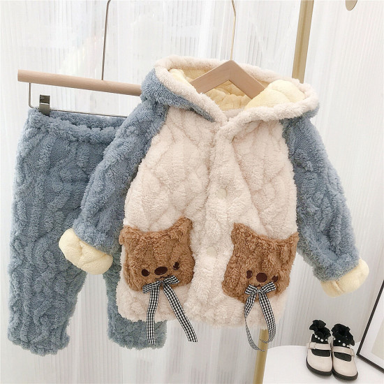 18M-7Y Loungewearcoral Fleece Bear Print Pocket Thicken Coat And Pants Pajama Set  Kids Boutique Clothing  