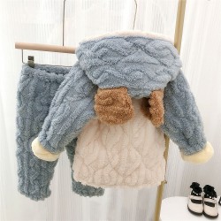 18M-7Y Loungewearcoral Fleece Bear Print Pocket Thicken Coat And Pants Pajama Set  Kids Boutique Clothing  
